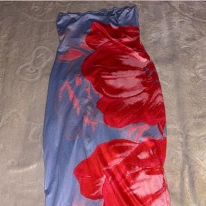 Strapless Floral Bodycon Dress in Blue and Red